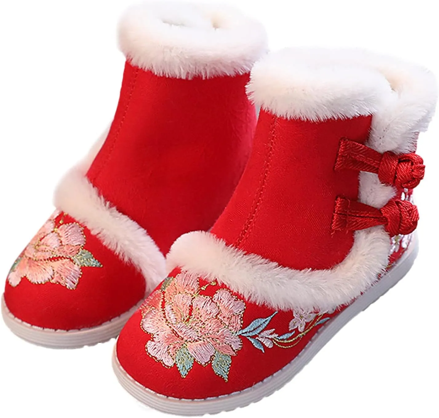 Girls Chinese Vintage Embroidered Cloth Boots Plush Inside Calendar New Year Traditional National Style Cotton Shoes