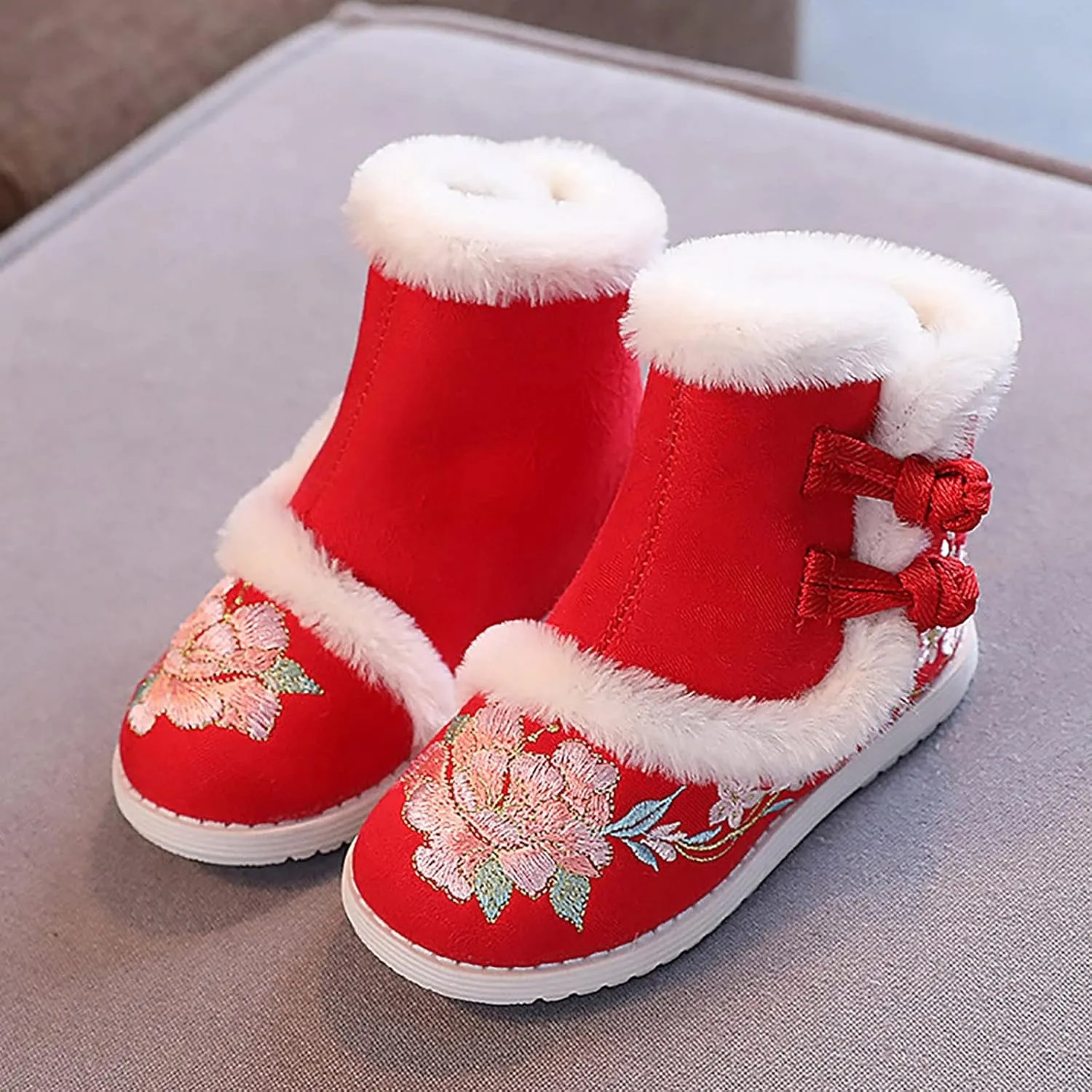 Girls Chinese Vintage Embroidered Cloth Boots Plush Inside Calendar New Year Traditional National Style Cotton Shoes
