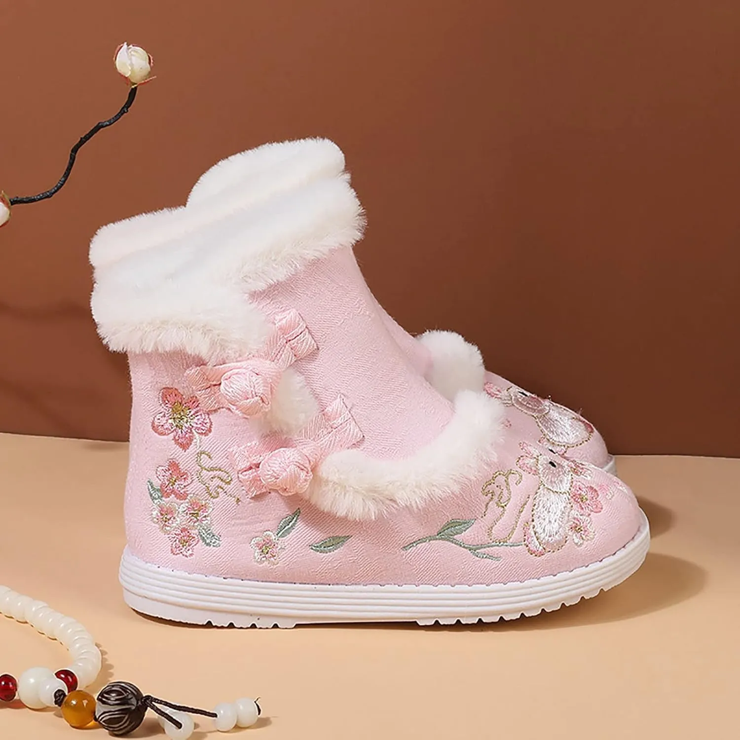 Girls Chinese Vintage Embroidered Cloth Boots Plush Inside Calendar New Year Traditional National Style Cotton Shoes