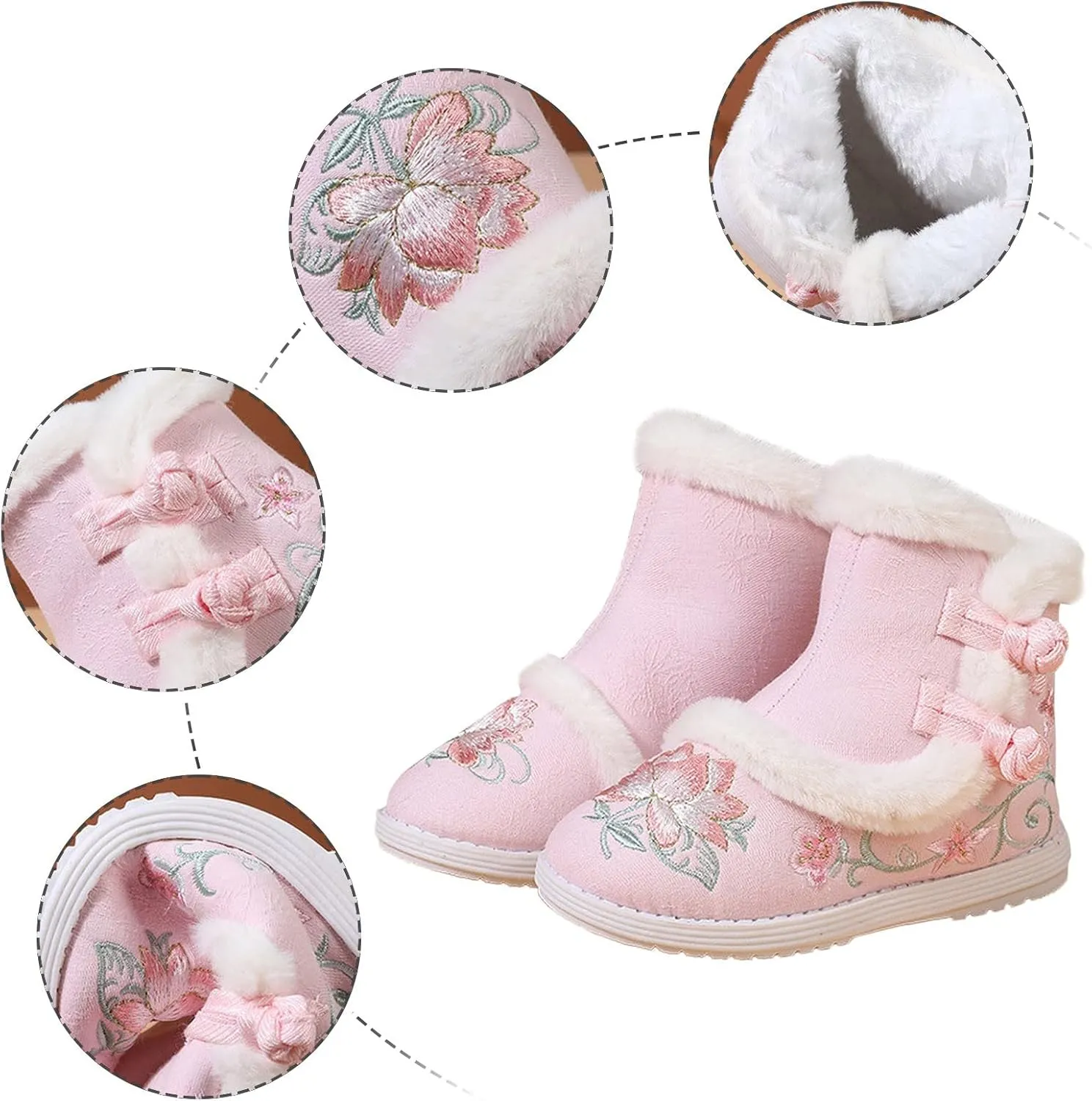 Girls Chinese Vintage Embroidered Cloth Boots Plush Inside Calendar New Year Traditional National Style Cotton Shoes