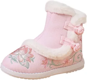 Girls Chinese Vintage Embroidered Cloth Boots Plush Inside Calendar New Year Traditional National Style Cotton Shoes