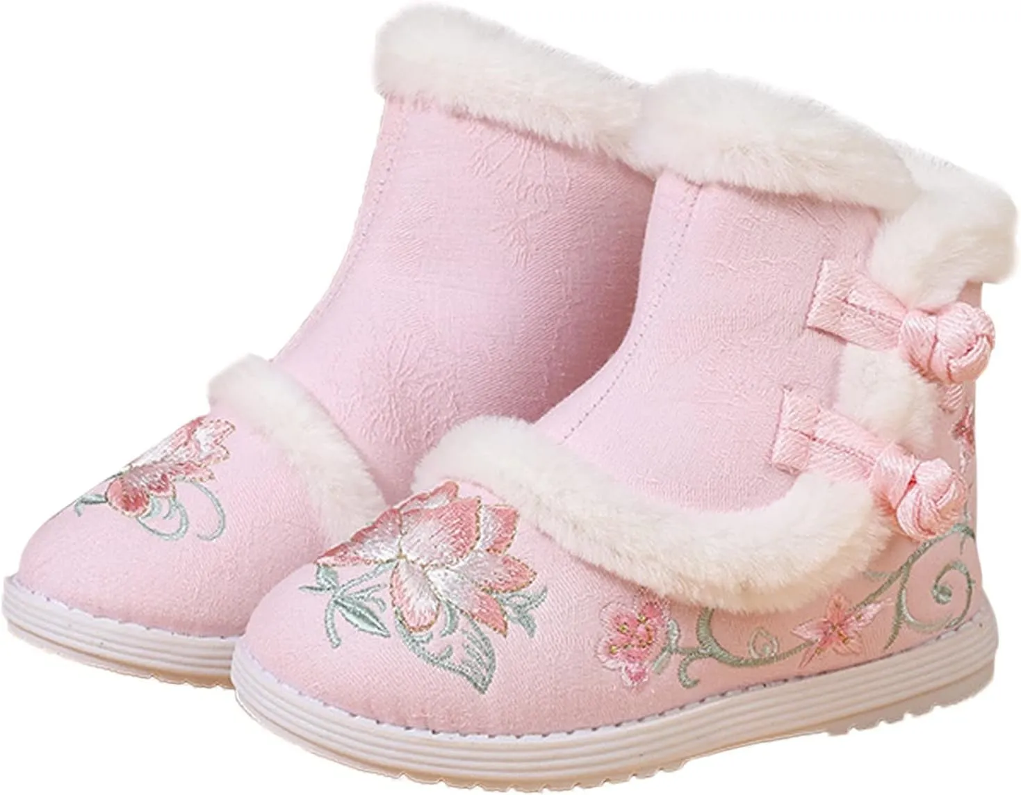 Girls Chinese Vintage Embroidered Cloth Boots Plush Inside Calendar New Year Traditional National Style Cotton Shoes
