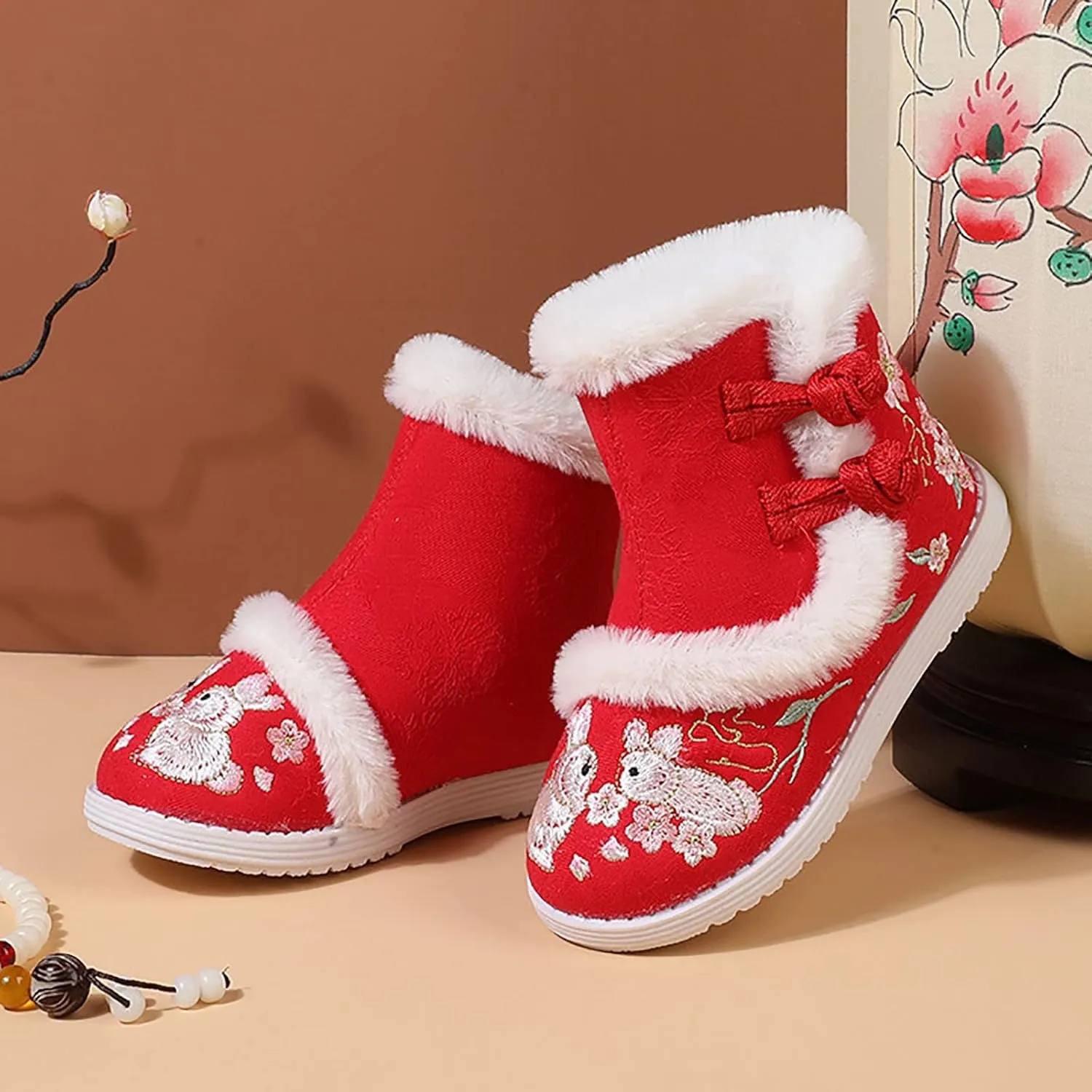 Girls Chinese Vintage Embroidered Cloth Boots Plush Inside Calendar New Year Traditional National Style Cotton Shoes