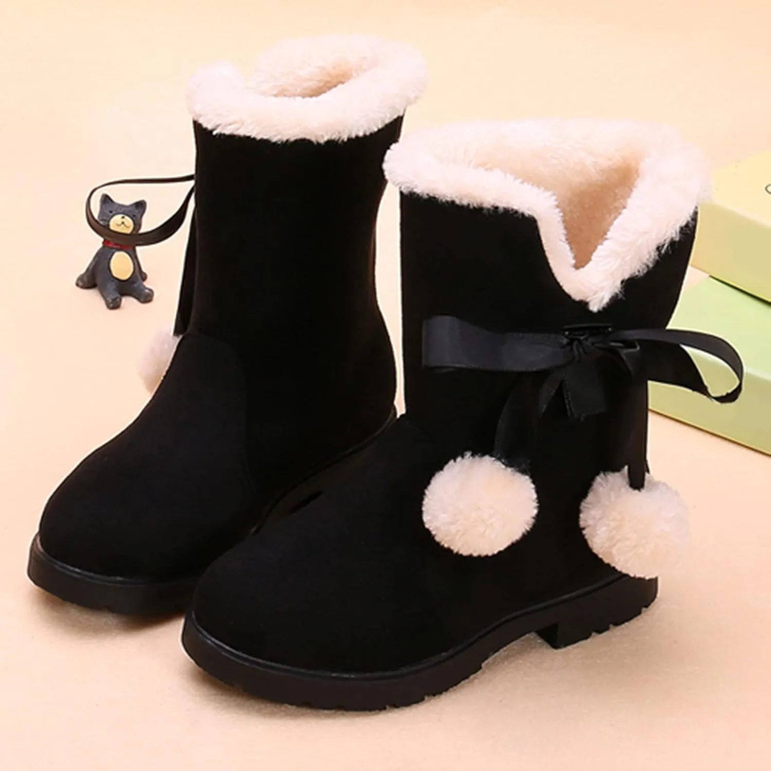 Girls Winter Warm Boots Fuzzy Fleece Lined Snow Boots Mid Calf Booties Furry Faux Fur Lining Shoes Little/Big Kids