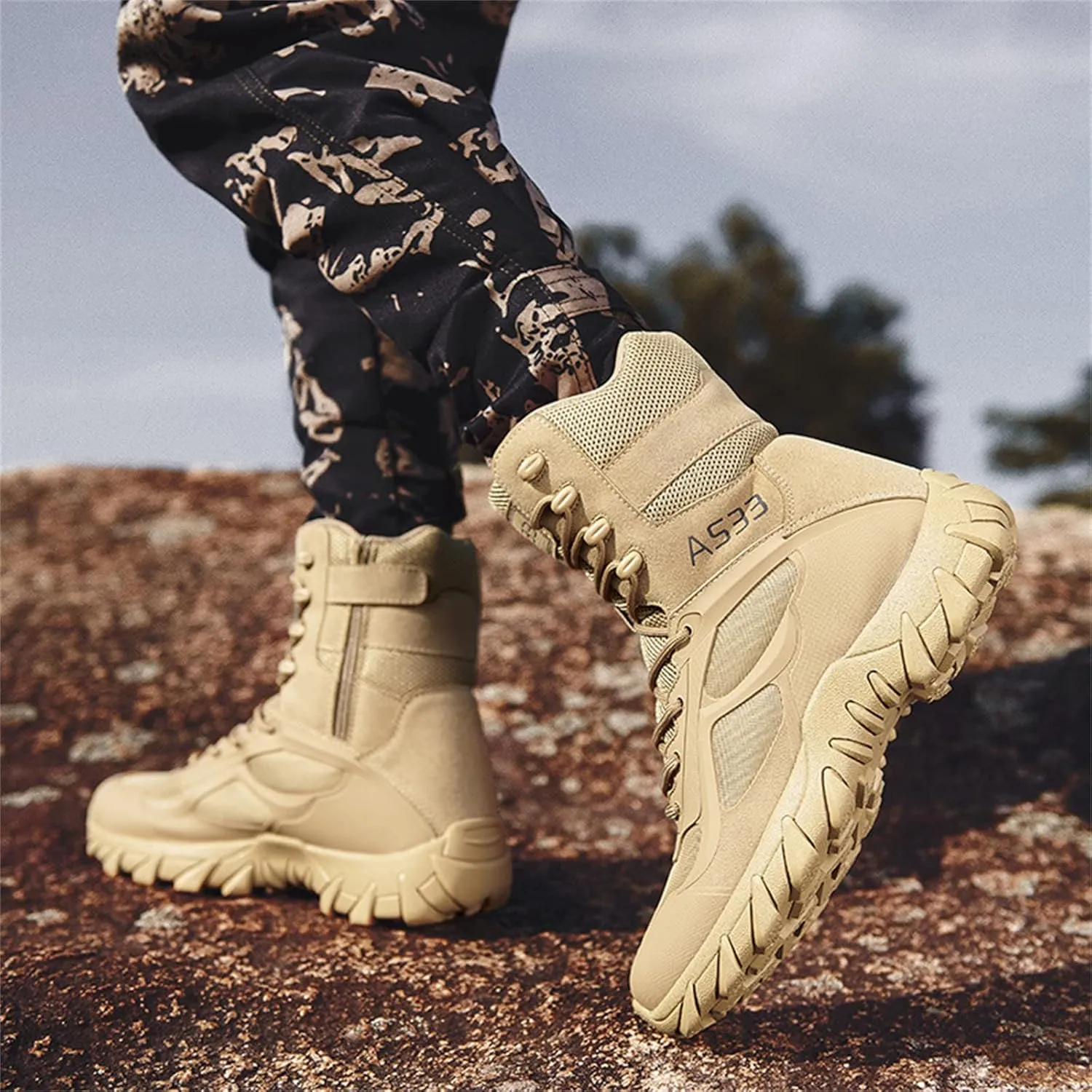 High Light Weight Tactical Boots Breathable Military Boots Outdoors Non-Slip Military Boots with Zip Outdoor Trekking Backpacking Boots Suitable for Men and Women,Sand,43