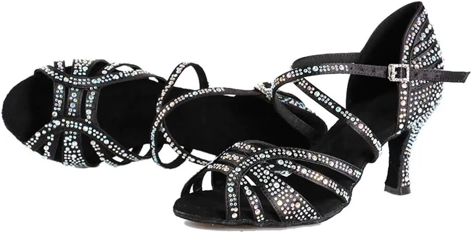 HIPPOSEUS Women's Latin Dance Shoes Rhinestone Ballroom Salsa Dance Heels with Soft Sole