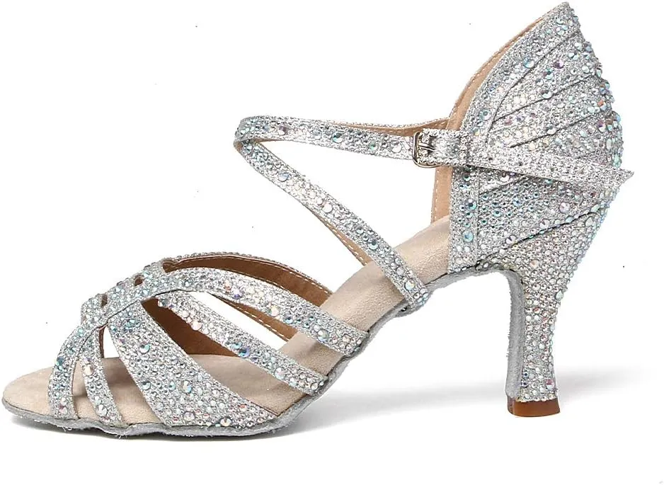 HIPPOSEUS Women's Latin Dance Shoes Rhinestone Ballroom Salsa Dance Heels with Soft Sole