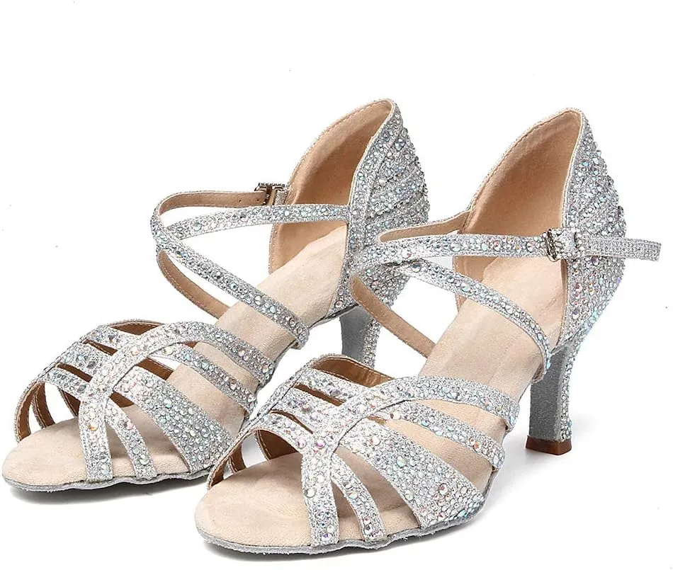 HIPPOSEUS Women's Latin Dance Shoes Rhinestone Ballroom Salsa Dance Heels with Soft Sole