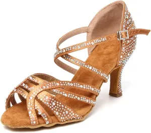 HIPPOSEUS Women's Latin Dance Shoes Rhinestone Ballroom Salsa Dance Heels with Soft Sole