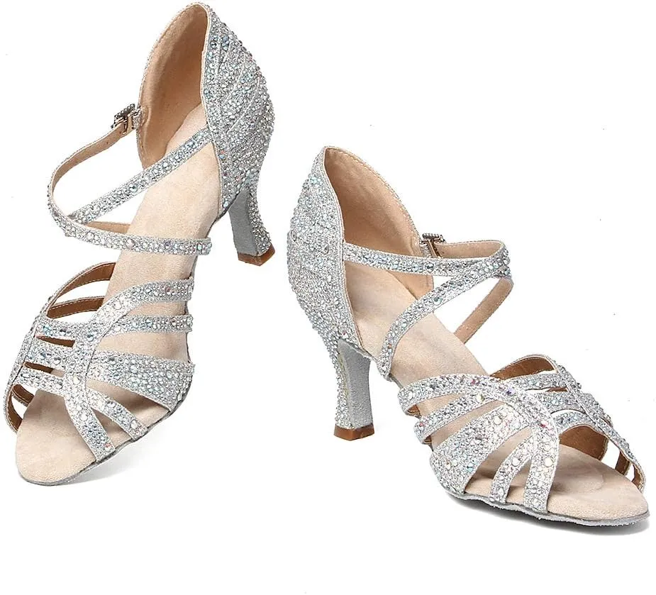 HIPPOSEUS Women's Latin Dance Shoes Rhinestone Ballroom Salsa Dance Heels with Soft Sole