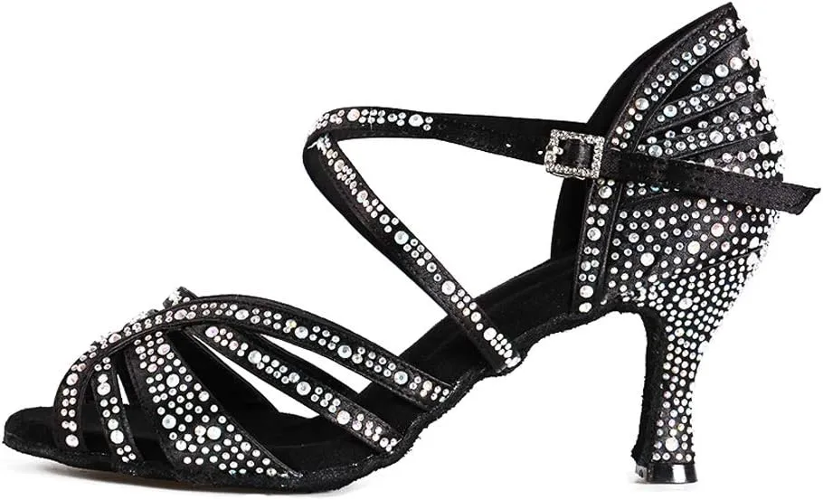 HIPPOSEUS Women's Latin Dance Shoes Rhinestone Ballroom Salsa Dance Heels with Soft Sole
