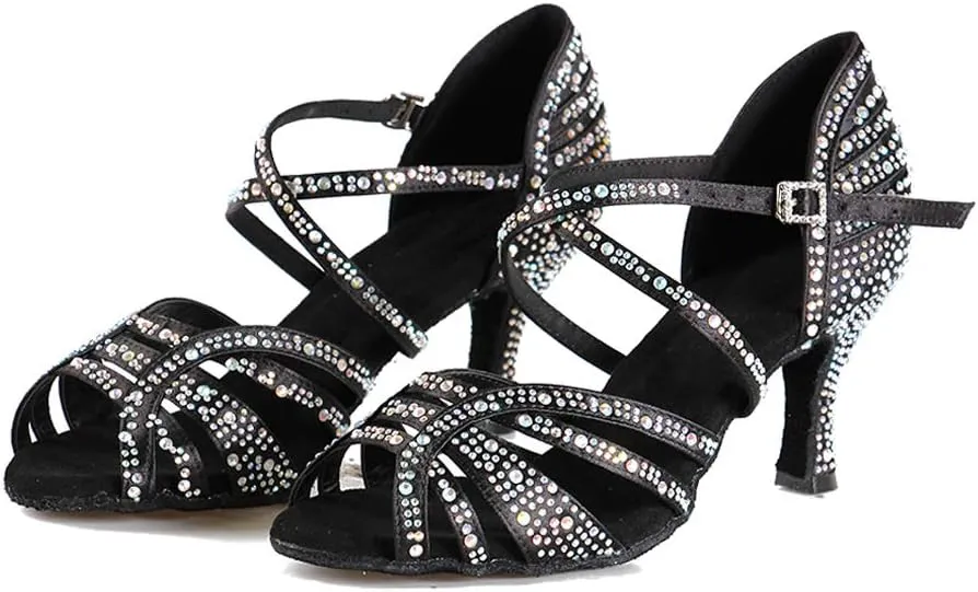 HIPPOSEUS Women's Latin Dance Shoes Rhinestone Ballroom Salsa Dance Heels with Soft Sole
