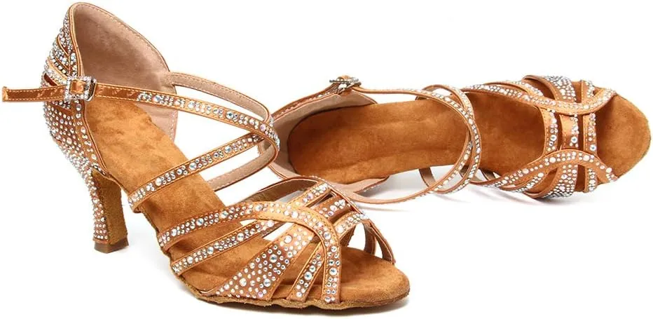 HIPPOSEUS Women's Latin Dance Shoes Rhinestone Ballroom Salsa Dance Heels with Soft Sole