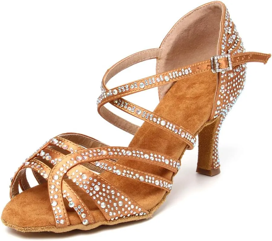 HIPPOSEUS Women's Latin Dance Shoes Rhinestone Ballroom Salsa Dance Heels with Soft Sole