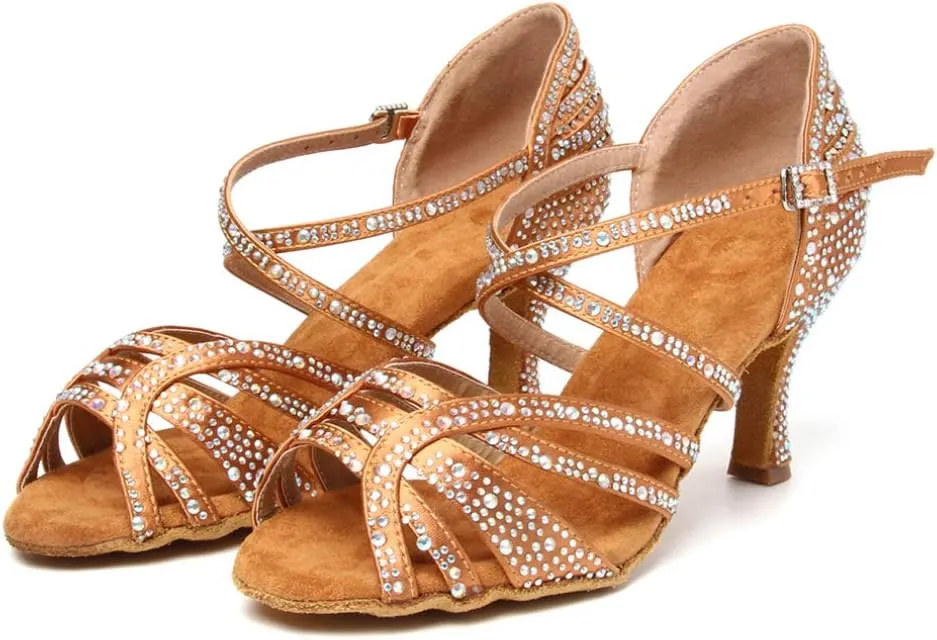 HIPPOSEUS Women's Latin Dance Shoes Rhinestone Ballroom Salsa Dance Heels with Soft Sole