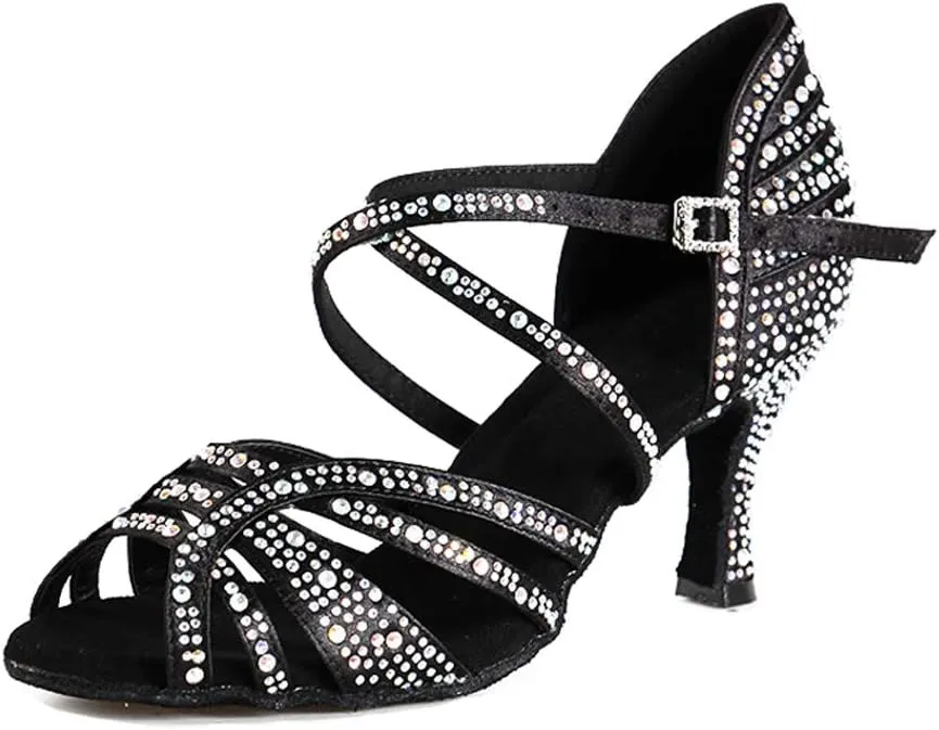 HIPPOSEUS Women's Latin Dance Shoes Rhinestone Ballroom Salsa Dance Heels with Soft Sole