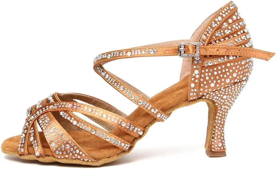 HIPPOSEUS Women's Latin Dance Shoes Rhinestone Ballroom Salsa Dance Heels with Soft Sole