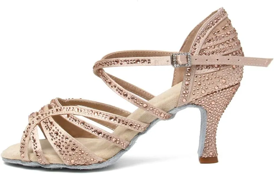 HIPPOSEUS Women's Latin Dance Shoes Rhinestone Ballroom Salsa Dance Heels with Soft Sole