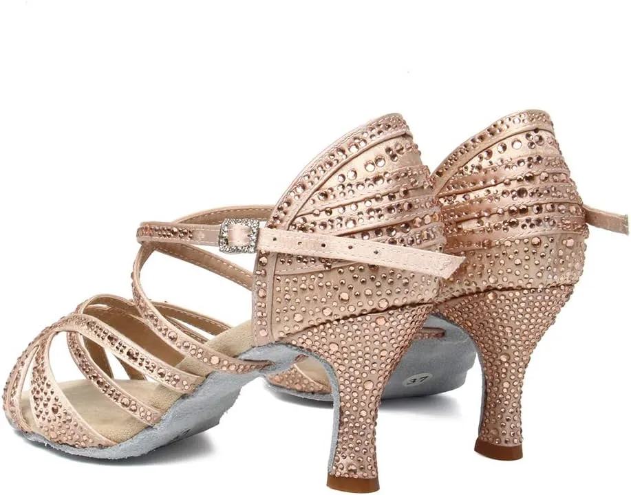 HIPPOSEUS Women's Latin Dance Shoes Rhinestone Ballroom Salsa Dance Heels with Soft Sole