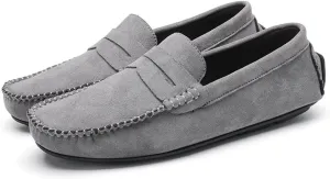 HOOENG Loafers for Men Genuine Leather Round Toe Suede Vamp Penny Loafer Flat Heel Comfortable Lightweight Walking Party Slip-on