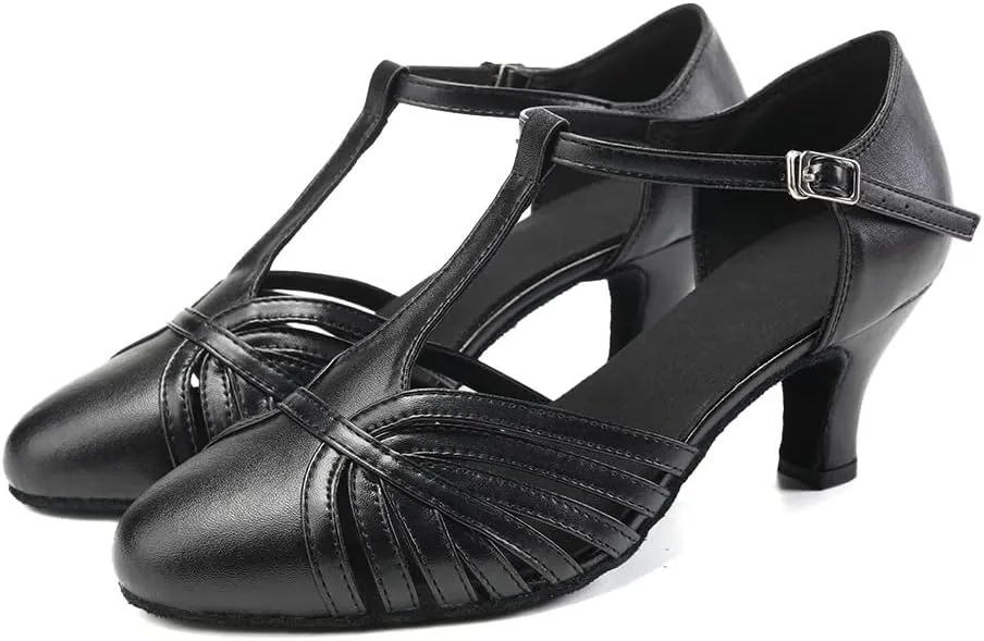 HROYL Women Ballroom Dance Shoes Closed Toe Latin Salsa T-Strap Modern Tango Walts Character Shoes Model-L041