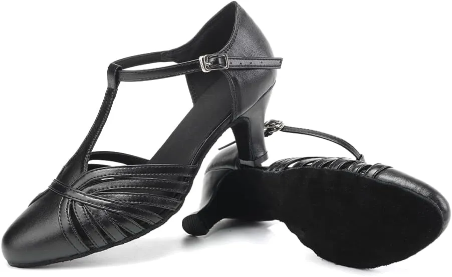 HROYL Women Ballroom Dance Shoes Closed Toe Latin Salsa T-Strap Modern Tango Walts Character Shoes Model-L041