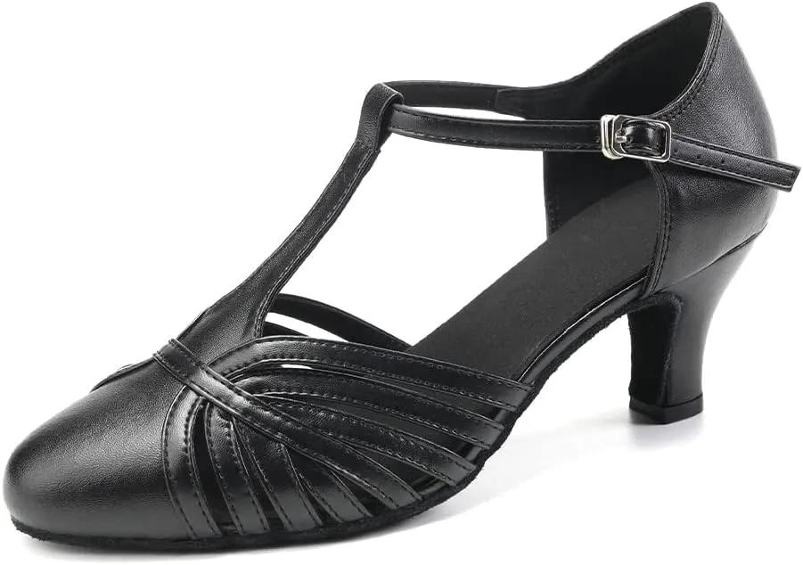 HROYL Women Ballroom Dance Shoes Closed Toe Latin Salsa T-Strap Modern Tango Walts Character Shoes Model-L041