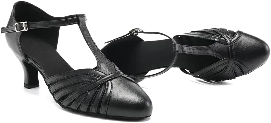 HROYL Women Ballroom Dance Shoes Closed Toe Latin Salsa T-Strap Modern Tango Walts Character Shoes Model-L041