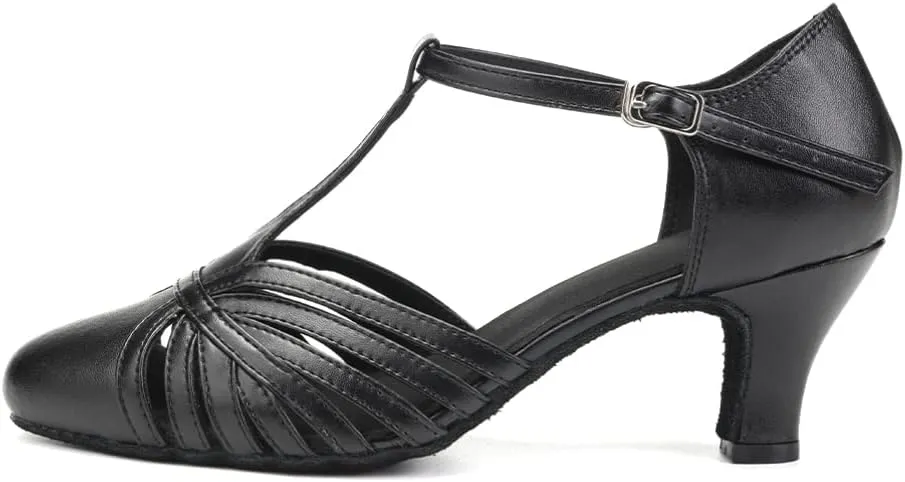 HROYL Women Ballroom Dance Shoes Closed Toe Latin Salsa T-Strap Modern Tango Walts Character Shoes Model-L041