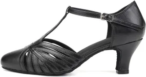 HROYL Women Ballroom Dance Shoes Closed Toe Latin Salsa T-Strap Modern Tango Walts Character Shoes Model-L041