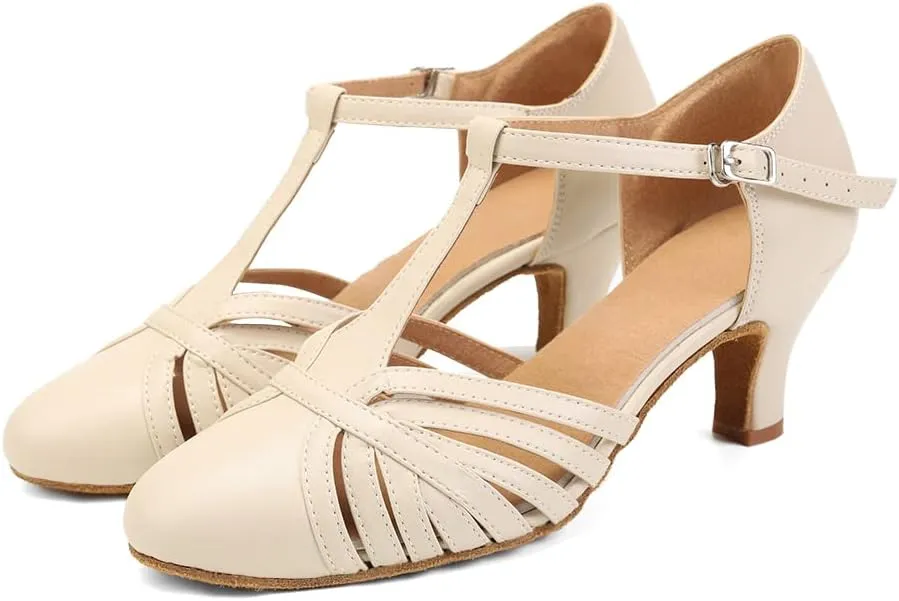 HROYL Women Ballroom Dance Shoes Closed Toe Latin Salsa T-Strap Modern Tango Walts Character Shoes Model-L041