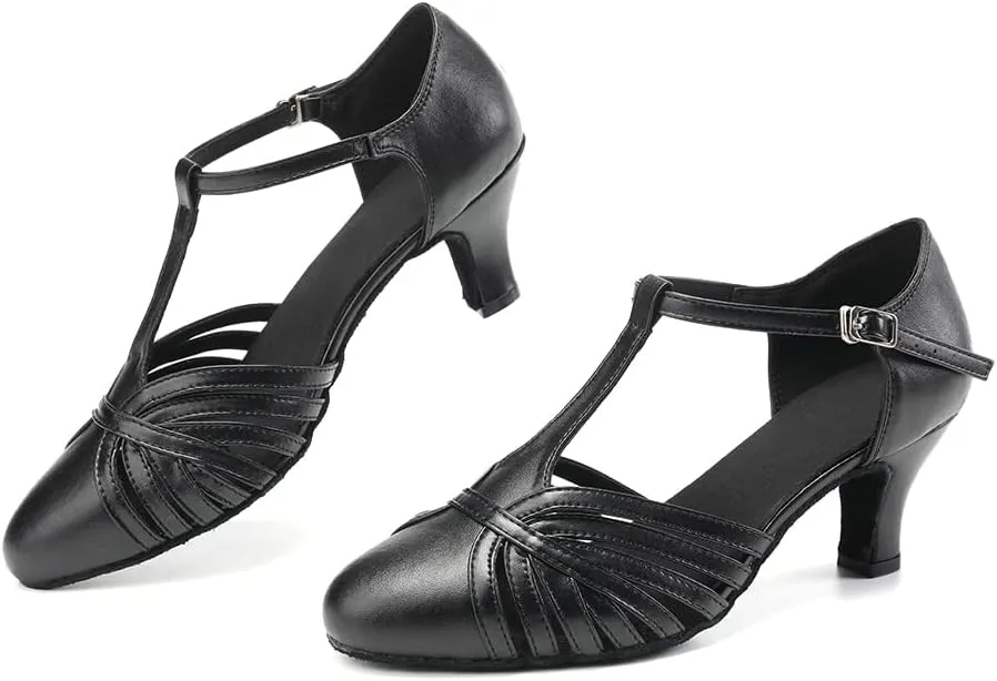 HROYL Women Ballroom Dance Shoes Closed Toe Latin Salsa T-Strap Modern Tango Walts Character Shoes Model-L041
