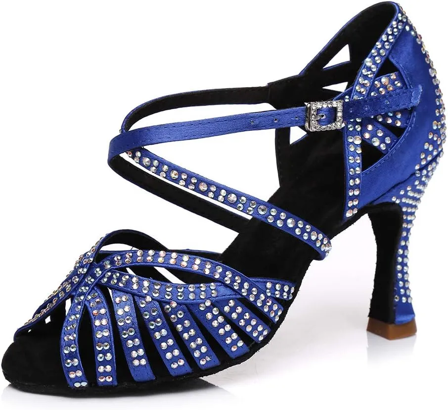 HROYL Women Rhinestone Ballroom Dance Shoes Latin Salsa Practice Performance Dance Shoes YCL380