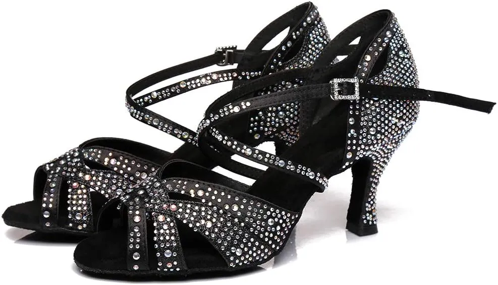 HROYL Women Rhinestone Ballroom Dance Shoes Latin Salsa Practice Performance Dance Shoes YCL388