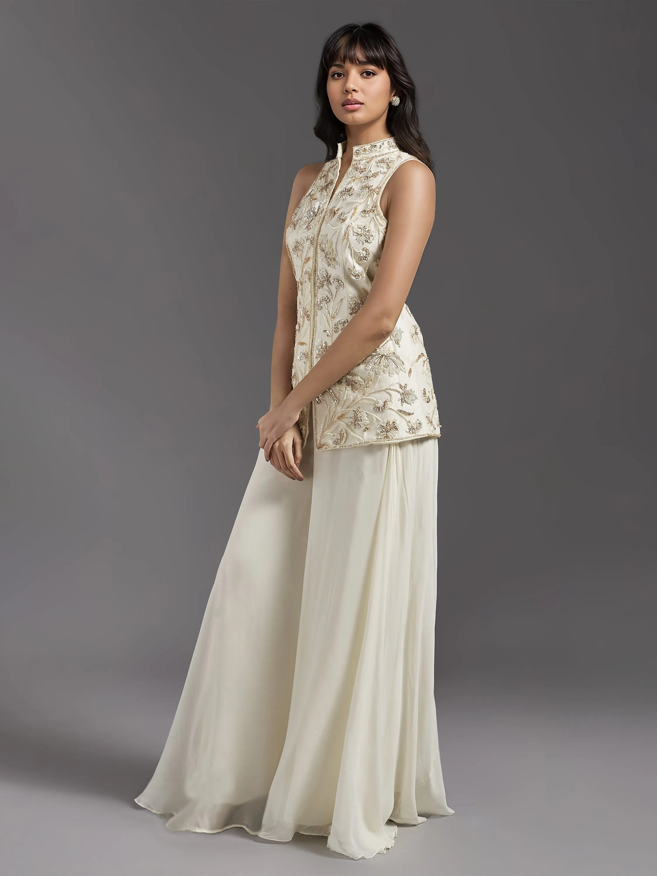 Ivory Net Floral Embroidered Chinese Collar Jacket with Georgette Flared Pants