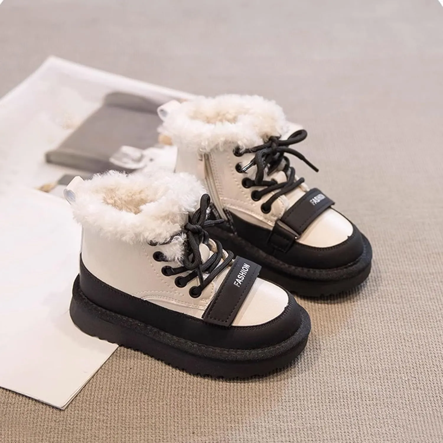 Kids Girls Fleece Winter Boots Lace-up Soft Rubber Bottom Vintage Plush Warm Comfortable Snow Shoes Cute Fashion