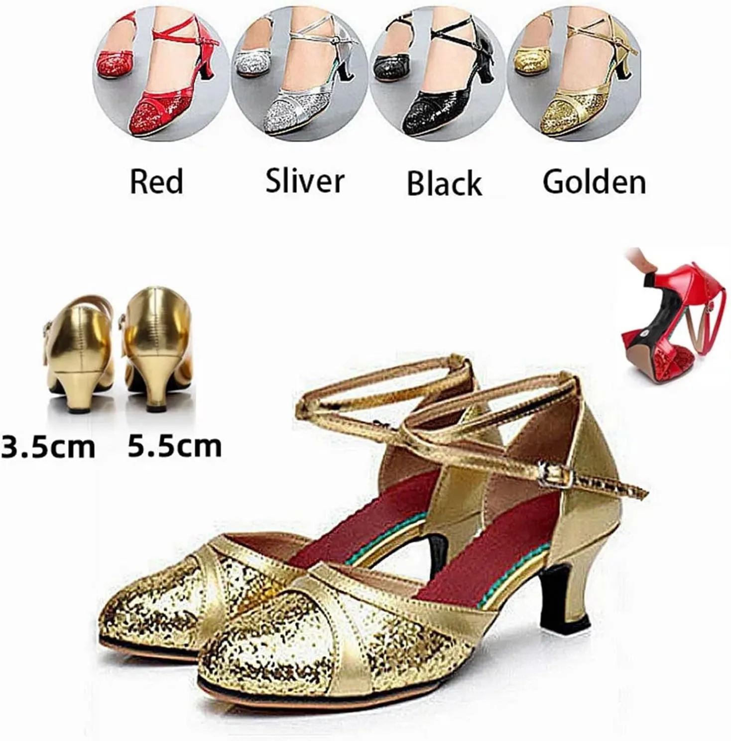 Latin Dance Shoes for Women Latin Dance Shoes for Women Sequin Adult Female Sandals Soft Sole Indoor Ballroom Tango Shoe Closed Toe Salsa Dancing Shoes(35mm Red Ballroom,US4.5-FR35)