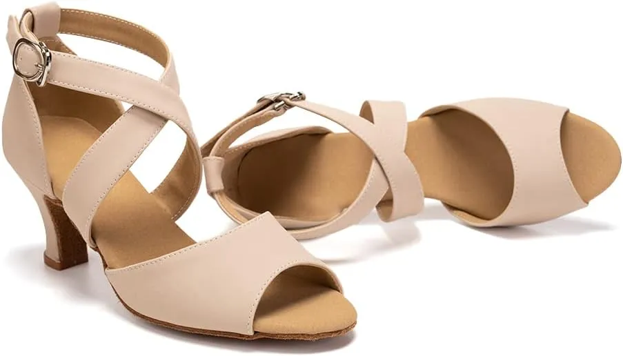 Latin Dance Shoes for Women Peep Toe Salsa Bachata Ballroom Ankle Strap Dance Shoes,Model FT095