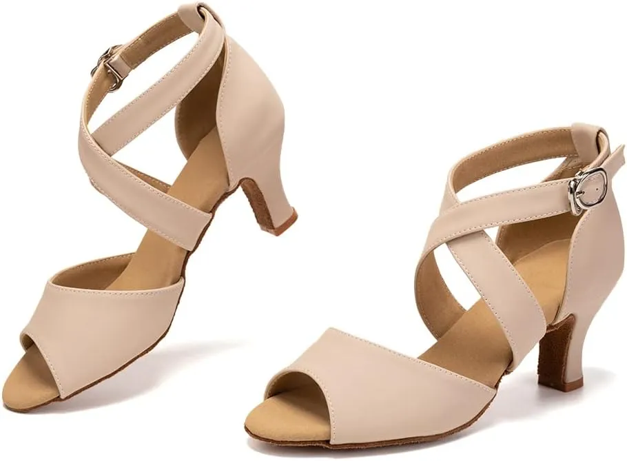 Latin Dance Shoes for Women Peep Toe Salsa Bachata Ballroom Ankle Strap Dance Shoes,Model FT095