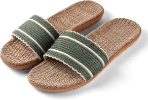 Maggie Women's Woven Straw Slide Sandals Open Toe Slip On Slippers, Indoor Outdoor Comfort Non-Slip Rubber Sole Summer Beach House Shoes