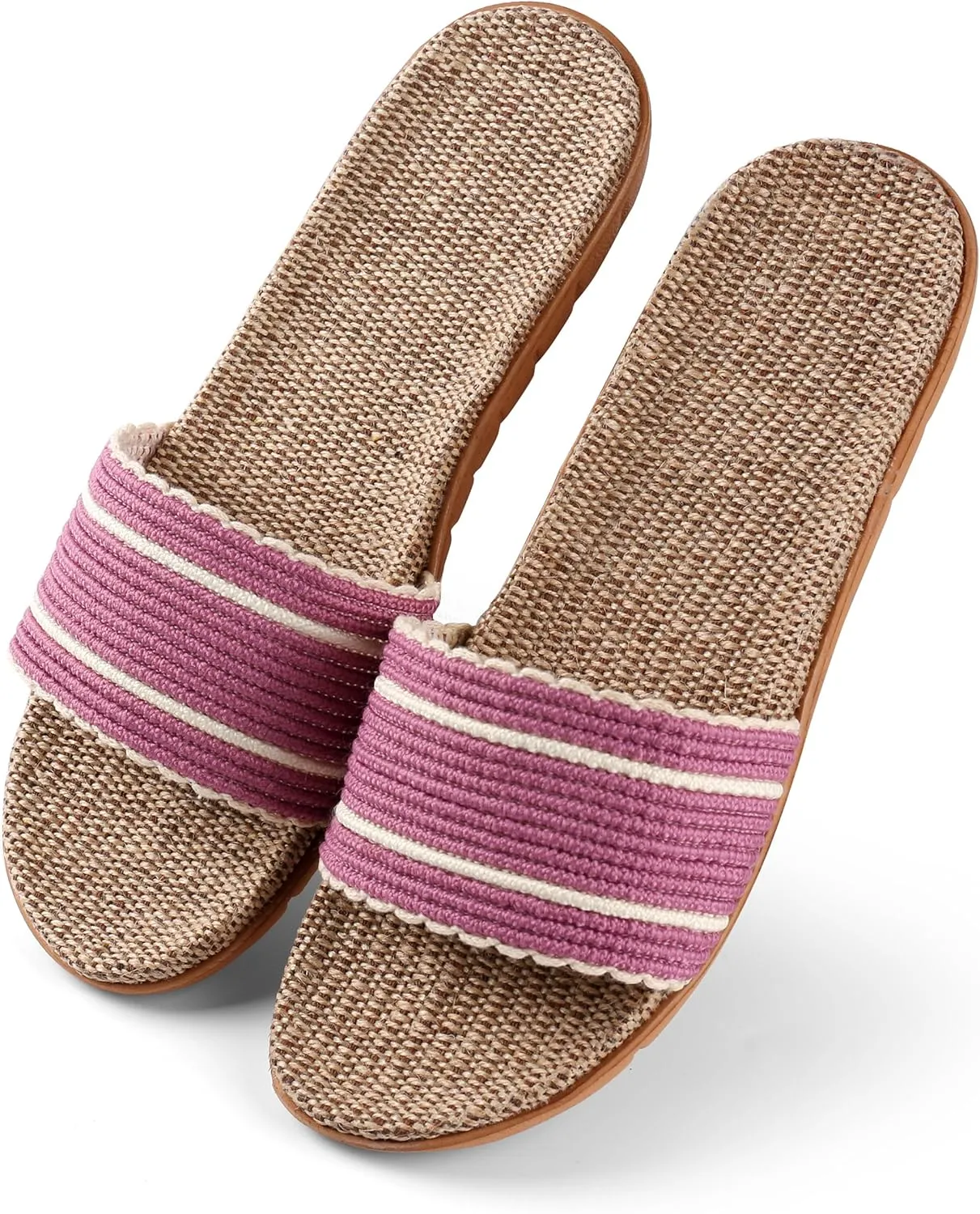 Maggie Women's Woven Straw Slide Sandals Open Toe Slip On Slippers, Indoor Outdoor Comfort Non-Slip Rubber Sole Summer Beach House Shoes