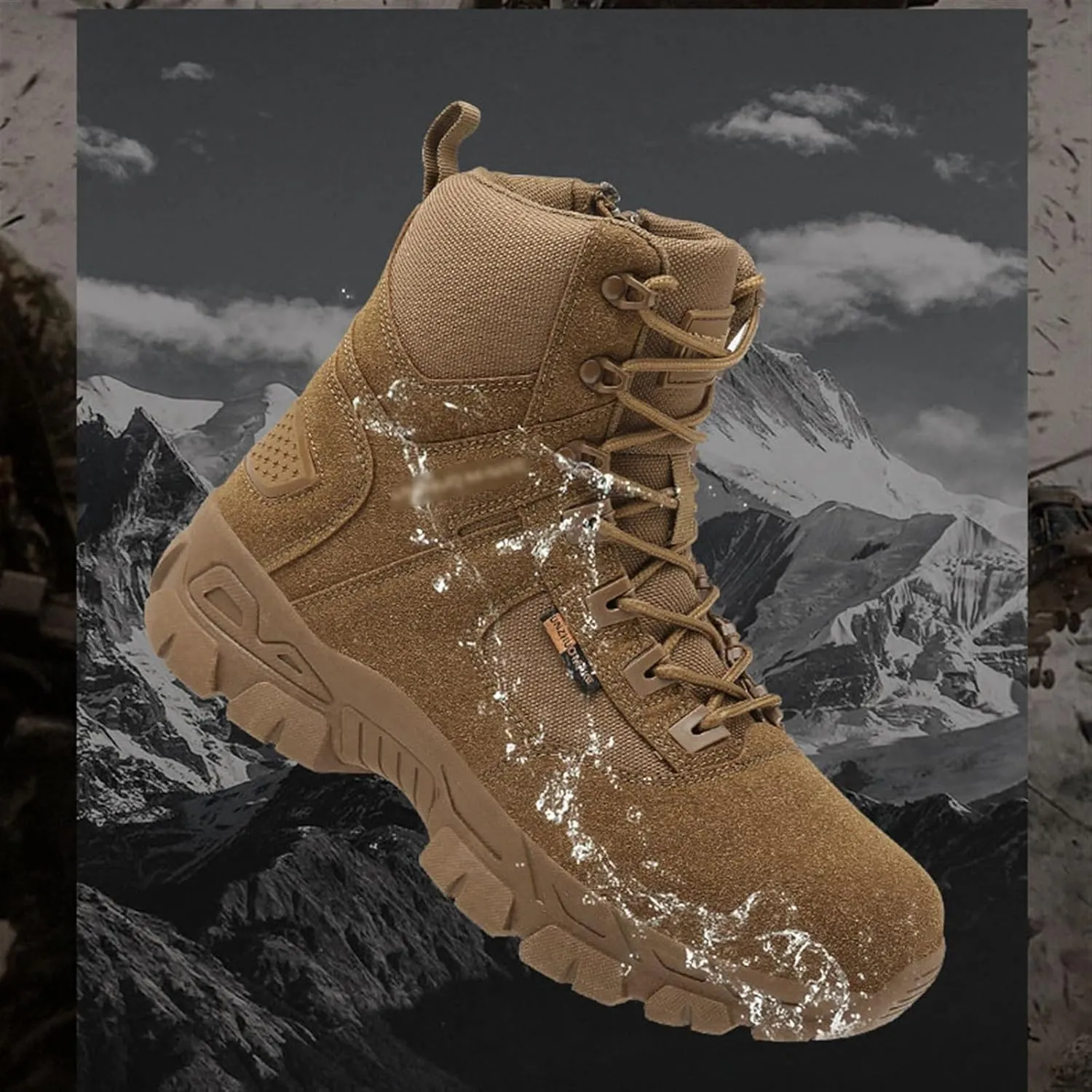 Men Outdoor Lightweight Work Boots, Mens Plus Size High Top Lace Up Side Zipper Waterproof Non Slip Tactical Boots, Outdoor Army Hunting Jungle Hiking Boots, for Work, Security