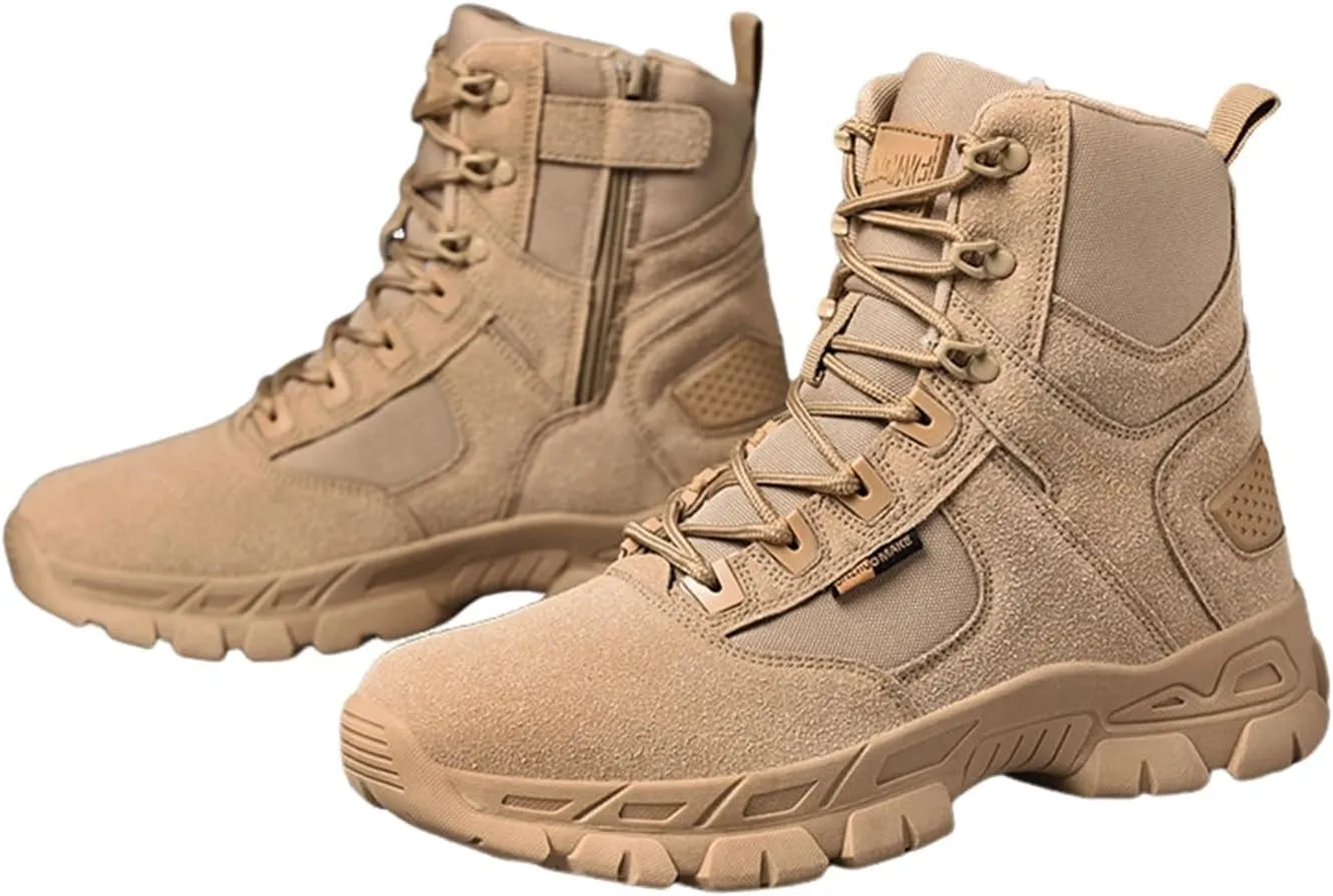 Men Outdoor Lightweight Work Boots, Mens Plus Size High Top Lace Up Side Zipper Waterproof Non Slip Tactical Boots, Outdoor Army Hunting Jungle Hiking Boots, for Work, Security