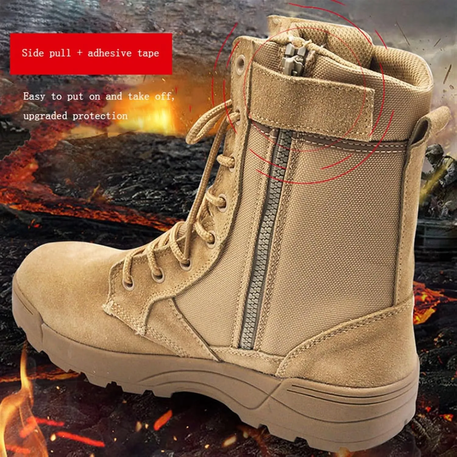 Men Waterproof Hiking Tactical Work Boots, Men's High Top Side Zip Lace up Breathable Anti-Collision Tactical Military Boots, Casual Anti Kick Outdoor Non Slip Durable Work Boots