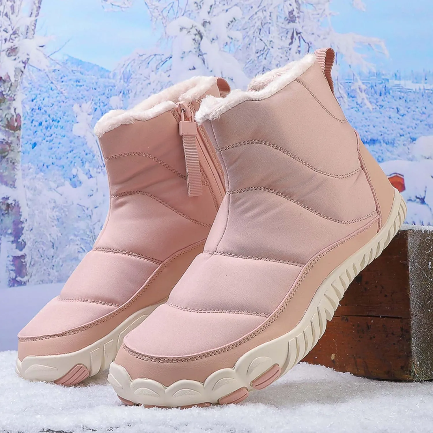 Men Women Winter Snow Boots Waterproof Barefoot Boots Fur Lining Warm Ankle Boots Anti Slip Barefoot Hiking Shoes Women Outdoor Winter Waterproof Boots