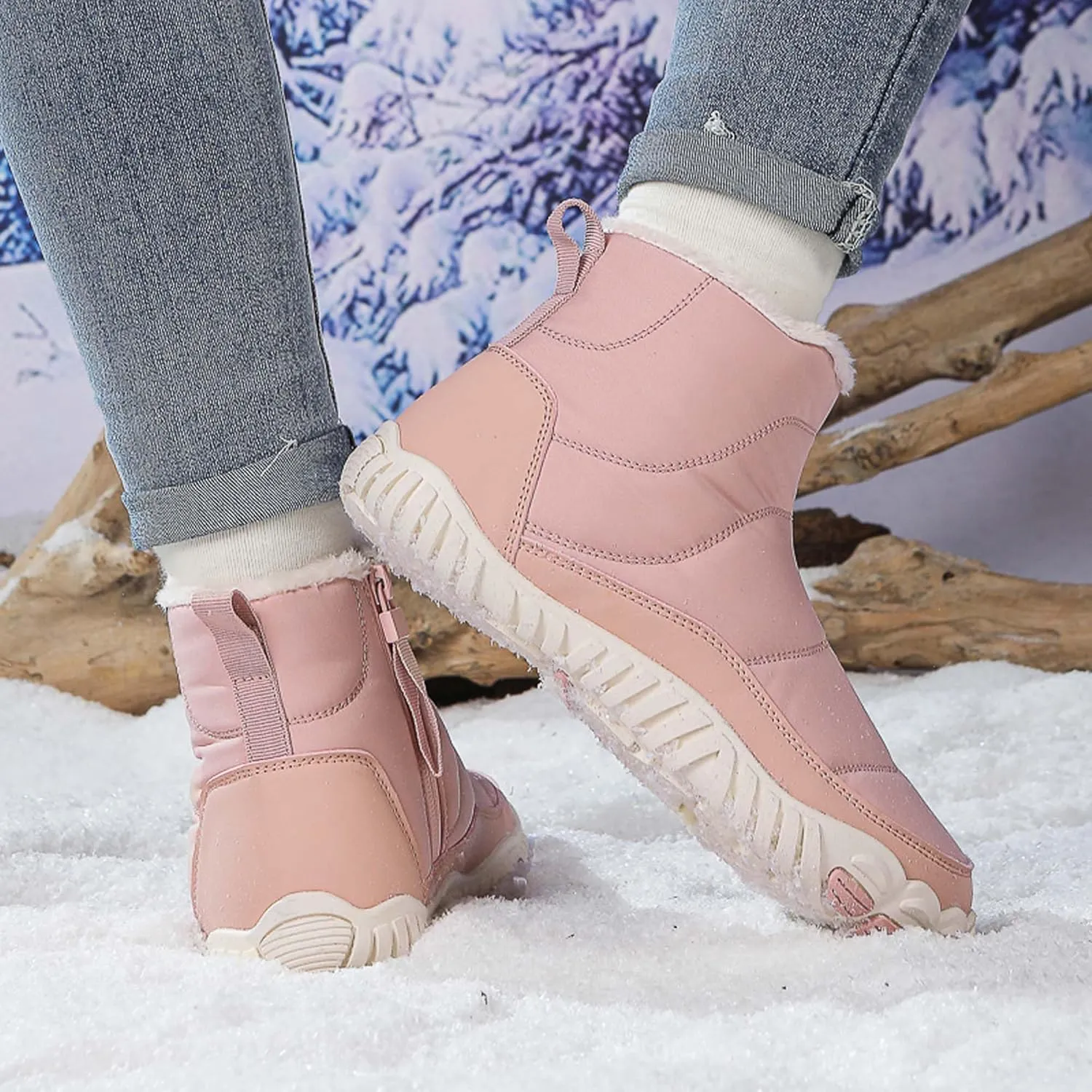 Men Women Winter Snow Boots Waterproof Barefoot Boots Fur Lining Warm Ankle Boots Anti Slip Barefoot Hiking Shoes Women Outdoor Winter Waterproof Boots