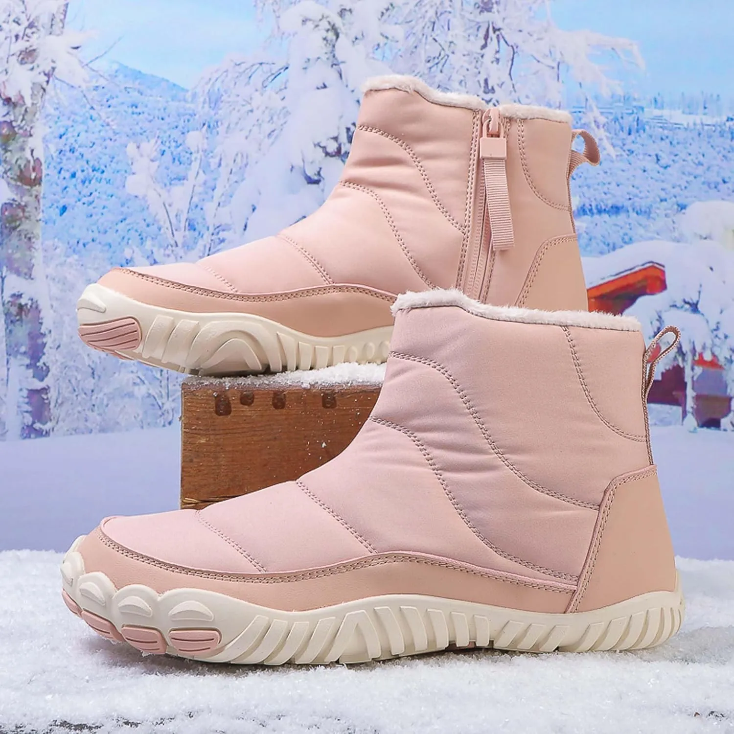 Men Women Winter Snow Boots Waterproof Barefoot Boots Fur Lining Warm Ankle Boots Anti Slip Barefoot Hiking Shoes Women Outdoor Winter Waterproof Boots