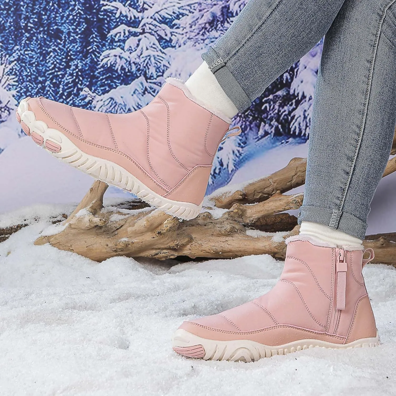 Men Women Winter Snow Boots Waterproof Barefoot Boots Fur Lining Warm Ankle Boots Anti Slip Barefoot Hiking Shoes Women Outdoor Winter Waterproof Boots