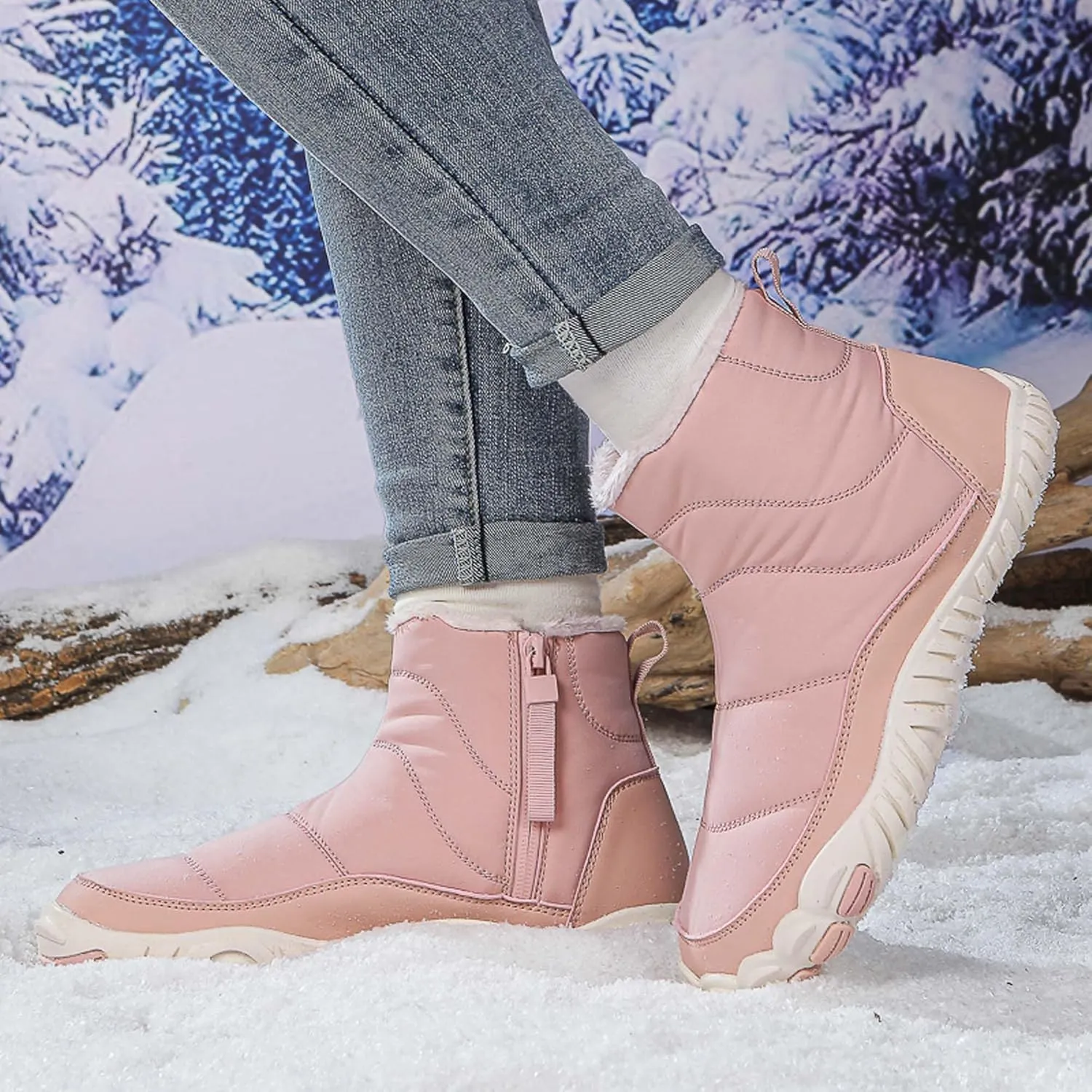 Men Women Winter Snow Boots Waterproof Barefoot Boots Fur Lining Warm Ankle Boots Anti Slip Barefoot Hiking Shoes Women Outdoor Winter Waterproof Boots