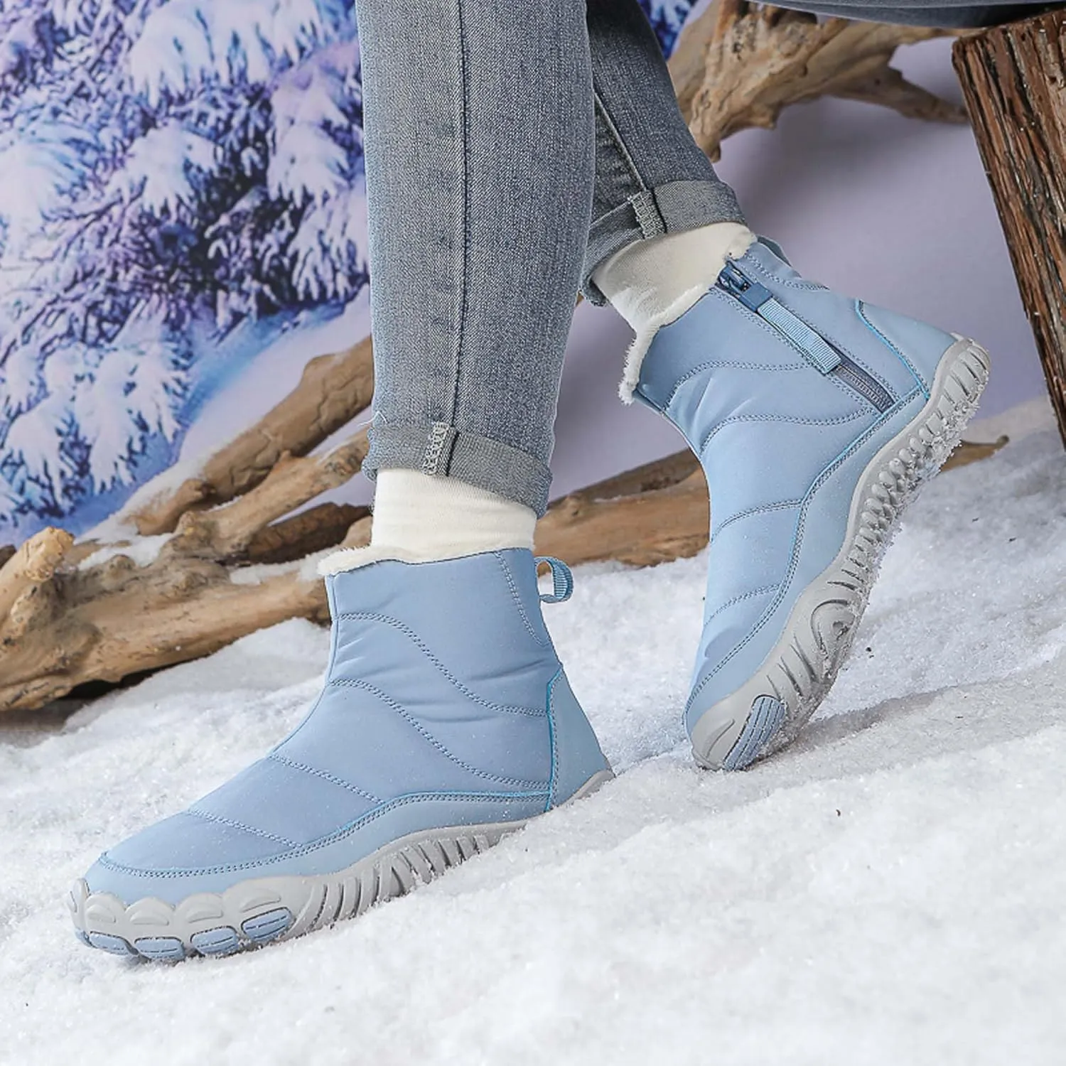 Men Women Winter Snow Boots Waterproof Barefoot Boots Fur Lining Warm Ankle Boots Anti Slip Barefoot Hiking Shoes Women Outdoor Winter Waterproof Boots